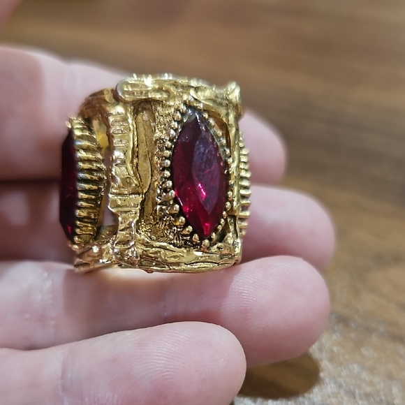 Jewelry - Antique, unique Gold-Tone Statement Ring with Marquise Ruby Red Stone size 7.5